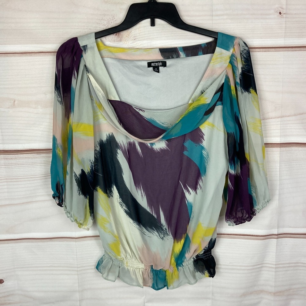 Metrostyle Top Womens 12 Elastic Waist 3/4 Sleeve Blouse PrintedCowl Neck Woven
